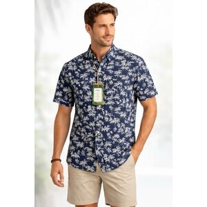 Tailor Vintage AIROTEC Tropical Palm Print Button-Up Shirt NWT Men's Navy White